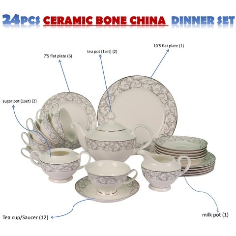 XIANGYU Dinner Set Porcelain Gold, 24pcs tea set; (12)pcs tea cup/saucer, (1) 10&#39;5 flat plate, (6) 7&#39;5 flat plate, (2) tea pot, (2) sugar pot, (1) milk pot. New Ceramic Bone China, The rich and colorf