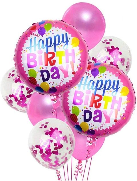 Party Time 8-Pieces Balloons Set with Pink Happy Birthday Foil Balloons, Latex and Confetti Birthday Party Decorations For Kids, Boys, Girls &amp; Adults
