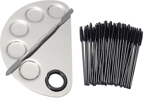 Makeup Mixing Palette Plate with Stainless Steel Spatula and 25 Pieces Eyelash Applicator Brush