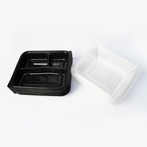 COSMOPLAST 50PCS DARK MEAL TRAY WITH LID 3 COMPARTMENTS (PACK OF 5) 5x10