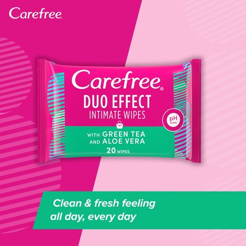 Carefree Duo Effect Intimate Wipes With Green Tea and Aloe Vera White 20 count