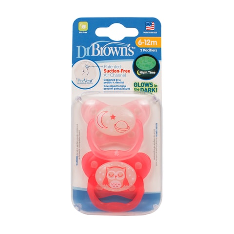 اشتري Dr. Browns Prevent Glow In The Dark Pacifier, Stage 2 * 6-12M - Pink في الامارات