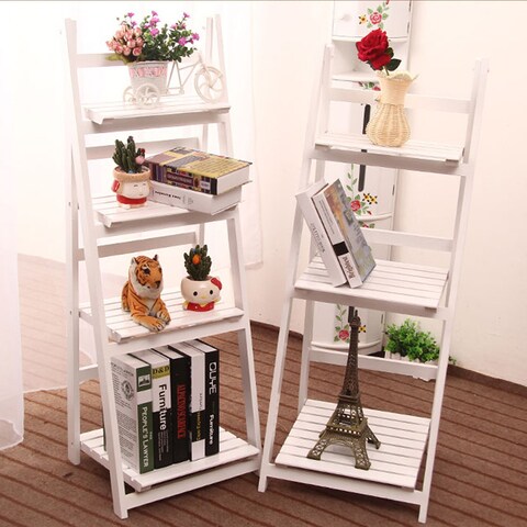 LINGWEI Ladder Design Foldable Wooden Flower Rack Book Shelves Storage Stand Flower Pot Holder For Bedroom Office Restaurants Home Decor 4 floor White