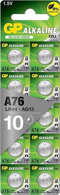 GP (A76) LR44, AG13 Alkaline Cell 0% Mercury 1.5V Batteries - 10 Pieces