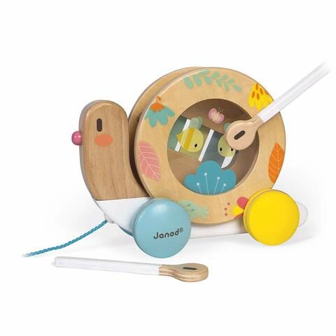 Develops Fine Motor Skills Janod Pull Along Snail Encourages Babies and Toddlers to Walk Wooden 2-in1 Musical Instrument and Push and Pull Classic Early Learning Toy Ages 1+ Years