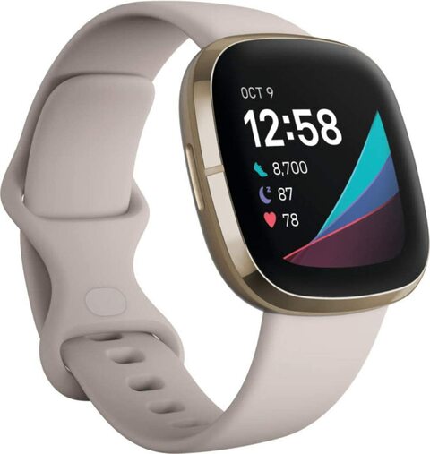 Fitbit Sense Smartwatch For Heart Health Stress Management &amp; Skin Temperature Trends Lunar White/Soft Gold Stainless Steel (FB512GLWT)