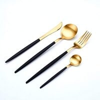 Gold Flatware, Silverware Set, 4 Pieces Cutlery Tableware Set Including Fork, Spoons, and Knife Tableware, Mirror Polish and Dishwasher Safe (Black Handle)