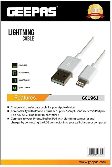 Geepas Lightning Usb Cable,Gc1961,White