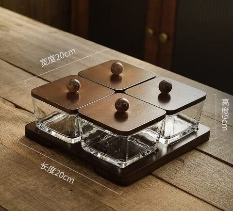 Square Glass snack plate with bamboo lid, dessert separated platter, divided dried fruit container (4 Bowls)