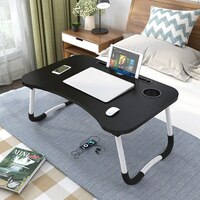 Foldable Laptop Bed Table Multi-Function Lap Bed Tray Table with Storage Drawer and Water Bottle Holder, Serving Tray Dining Table with Slot for Eating, Working on Bed/Couch/Sofa - Black, LT3-BLK