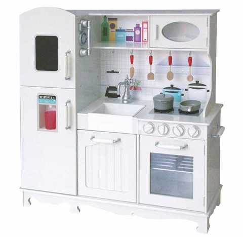 Wooden DollHouse Kit Kitchen white and fridge DIY Toy Realistic 3D with Furnitures Birthday Gift For Girl 94*30*102 CM RW-17533