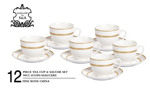 SHALLOW BONE CHINA CUPS AND SAUCERS SET, WHITE/GOLD, 90 CC, TS-90-LIN-A, 12PIECES