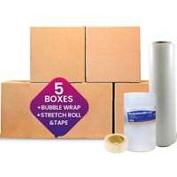 Generic Recyclable Corrugated Cardboard Boxes, Brown Carton Packaging 5 Box With Bubble Wrap, Stretch Roll &amp; Tape Bundle Offer Packing Set Of 8 Items, 44x44x68 cm