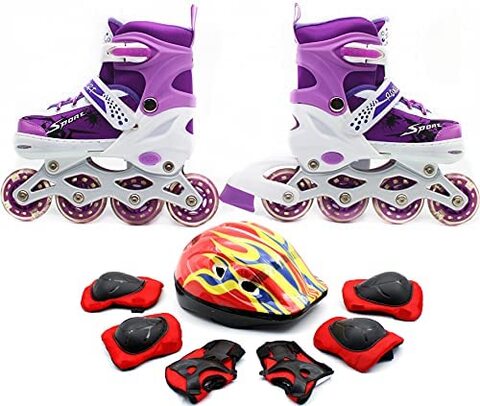 EASY FUTURE Inline Skates Adjustable Size Roller Skates with Flashing Wheels for Outdoor Indoor Children Skate Shoes Including Full Protective Gear Set Purple Large (39-42)