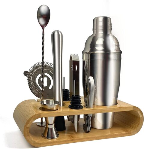 Mixology Bartender Kit: 11-Piece Bar Tool Set with Rustic Wood Stand |  Perfect Home Bartending Kit and Cocktail Shaker Set for a True Drink Mixing