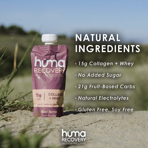 Huma Recovery Whey Protein Smoothie- Mixed Berries- 12 count x 142g- 15gr Protein, Collagen &amp; Whey, Real Fruits, Healthy Fats, Electrolytes, All Natural, Gluten Free, For Joints, Muscles, Heart, Bones