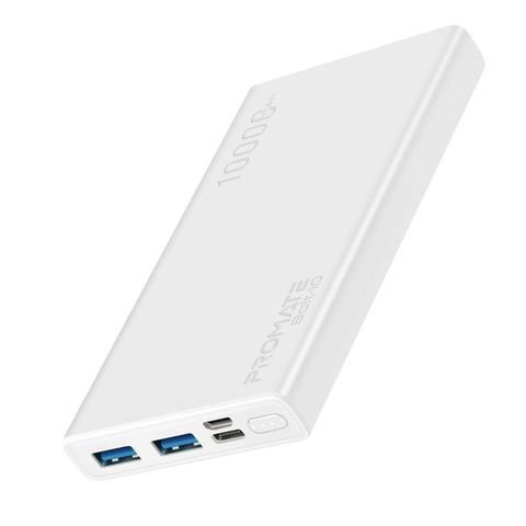 Promate - Bolt 10 10000mAh Portable Fast Charging 2.0A Dual USB Premium Battery Power Bank with Input USB Type-C Port White
