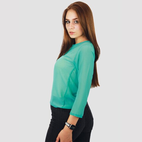 KIDWALA Size M, Women&#39;S Tops, Tees &amp; Blouses 3/4 Quarter Sleeve Turquoise Round Neck Chiffon Blouse With Buttons