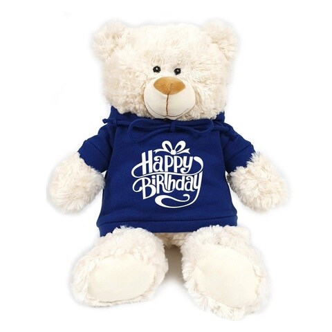 Caravaan - Soft Toy Teddy Cream with Happy Birthday on Blue Hoodie Size 38cm