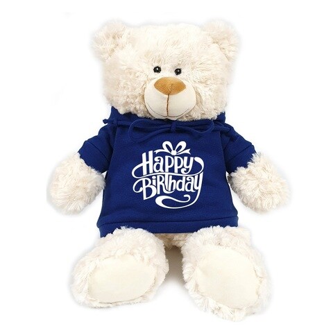 Caravaan Soft Toy Teddy Cream with Happy Birthday on Blue Hoodie Size 38cm