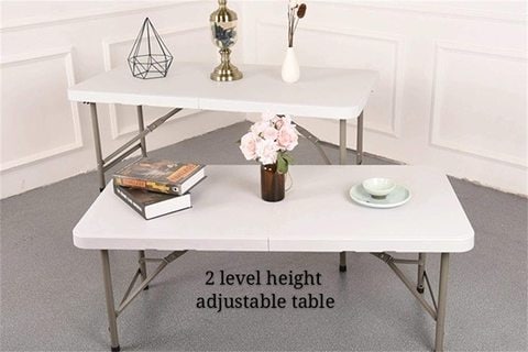 LANNY Folding Plastic Table Adjustable 2 Heights-74cm&amp;50cm for Kitchen Restaurant Garden Patio Outside/Outdoor Inside/Indoor Party Picnic and Events - Plain White Top Size 122 * 60cm