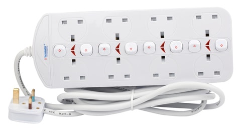 Terminator Brand Double Sided UK Socket Power Extension With Individual Switches - 8way 3M