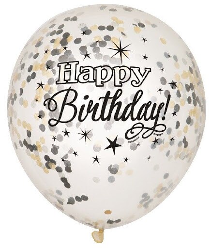Glittering Birthday Clear Balloon With Silver Gold Black Confetti
