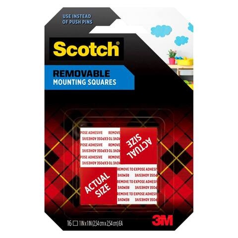Scotch 108S-SQ-16 Removable Mounting Squares, 1-inch length (25,4mm). 16 squares/pack