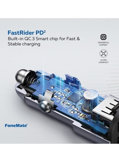 FoneMate FastRider PD2 Premium Quality Advanced Fast charging Car Charger with 36W PD + USB-A Dual port, Black
