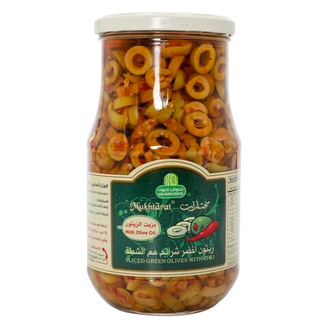 Halwani Bros Mukhtarat Sliced Green Olives With Chili In Olive Oil 650g