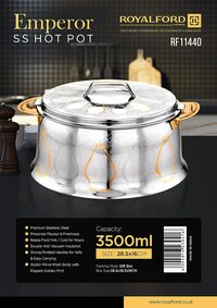 Royalford 3500ml Emperor Stainless Steel Hotpot- Rf11440 Food-Grade Hot And Cold Hotpot With Double Wall Vacuum Insulation, Silver And Golden