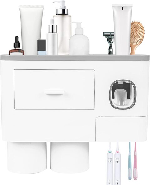 SKY-TOUCH 2 Cups Wall Mounted Toothbrush Holder, Multipurpose Space-Saving Toothbrush and Toothpaste Holder with Drawer for Cosmetics Organizer for Washroom and Bathroom