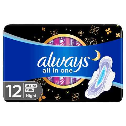 Always All-In-One Ultra Thin Night Sanitary Pads With Wings White 12 Pads