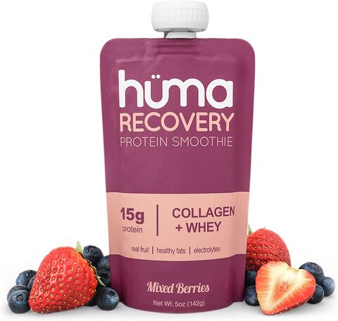 Huma Recovery Whey Protein Smoothie- Mixed Berries- 12 count x 142g- 15gr Protein, Collagen &amp; Whey, Real Fruits, Healthy Fats, Electrolytes, All Natural, Gluten Free, For Joints, Muscles, Heart, Bones