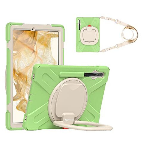 Moxedo Shockproof Rugged Colorful Case with 360 Rotating Kickstand and Shoulder Strap Compatible for Samsung Galaxy Tab S7 Plus 12.4-inch 2020 / S8 Plus 2022 (T730/T970/X800) (Matcha Green)
