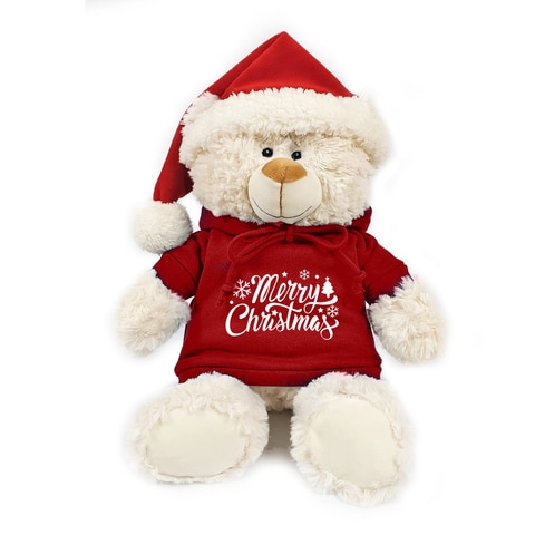 Caravaan - Soft Toy Cream Bear size 38cm w/ Santa Hat and Hoodie with Merry Christmas print.