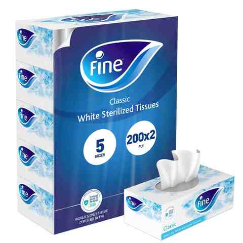 Fine Sterilized Facial Tissues Classic, 200x2 Ply White Tissues, pack of 5 boxes, 1000 tissues