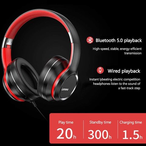 Lenovo HD200 Bluetooth Over-ear Foldable Headphones ,Black