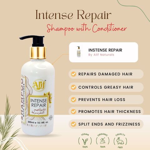 Alif Naturals - Intense Repair Naturals Shampoo with Conditioner - Repairs Damaged Hair, Controls Greasy Hair, Prevents Hair Loss, Split Ends and Fizziness - 300ml (Pack of 3)