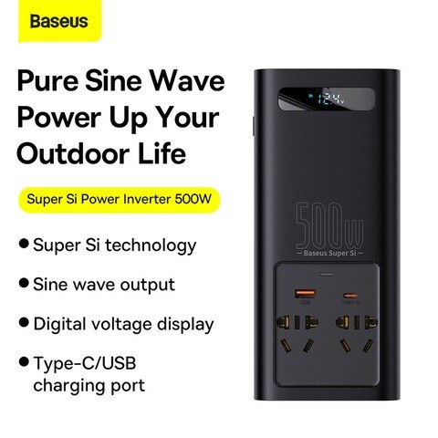 BASEUS Super Si Power Inverter Type-C USB AC Socket Car Charger 500W Digital Display Power Station Converter (220V CN/EU Plug) Black