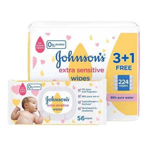 Johnson&#39;s  Baby Wipes Extra Sensitive Pure Water 56 Wipes Pack of 4