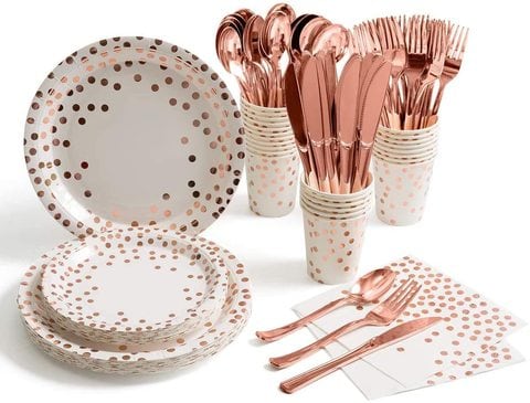 Generic - 175 Pieces Serves 25 Rose Gold Party Supplies Dot on White Paper Plates and Napkins Cups Wedding Bridal Shower Birthday (Rose Gold)