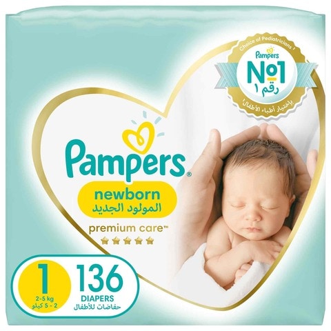 Pampers Premium Care Diapers, Size 1, Newborn, 2-5 kg, The Softest Diaper and the Best Skin Protection, 136 Baby Diapers