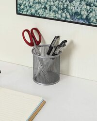 Generic Mesh Desktop Organizer Round Metal Pen Ruler Eyebrow Pencil Makeup Brush Cup Holder Home Office 2 Pcs (Silver)