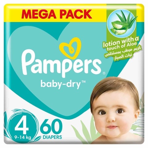Buy Pampers Aloe Vera Taped Diapers, Size 4, 9-14kg, Mega Pack, 60 Diapers   in Saudi Arabia