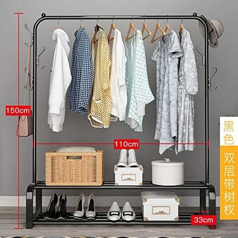 Metal Garment Racks Heavy Duty Indoor Bedroom Cool Clothing Hanger with Top Rod and Lower Storage Shelf(black s2)