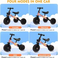 SKY-TOUCH 4 in 1 Kids Balance Bike Kids Tricycles for 1-4 Years, Toddlers Trike with Adjustable Seat Indoor Outdoor, Boys Girls Kids First Birthday Gifts Pink