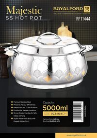 Royalford 5000ml Majestic Stainless Steel Hotpot- Rf11444 Firm Twist Lock To Keep Food Fresh For Long, Silver And Golden