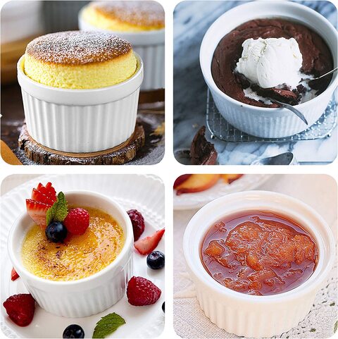 6 Oz Ramekin Bowls,8 PCS Set for Baking and Cooking, Oven Safe Sleek Porcelain White Ramikins for Pudding, Creme Brulee, Custard Cups and Souffle Small instant table tray