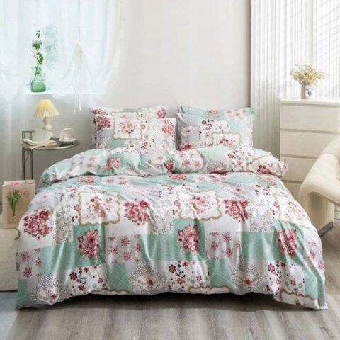 LUNA HOME King size 6 pieces Bedding Set without filler, Light Green Color Floral Design
